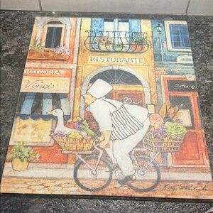 12x15 Colorful Chef on Bike Tempered Glass cutting board. Adorable print.